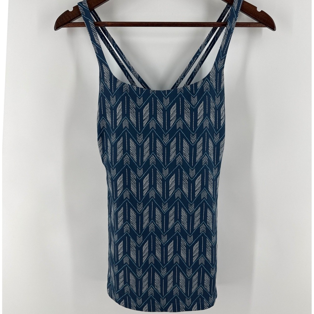 Lucy Womens Blue Geometric Chevron Strappy Cross Back Activewear Tank Top S P